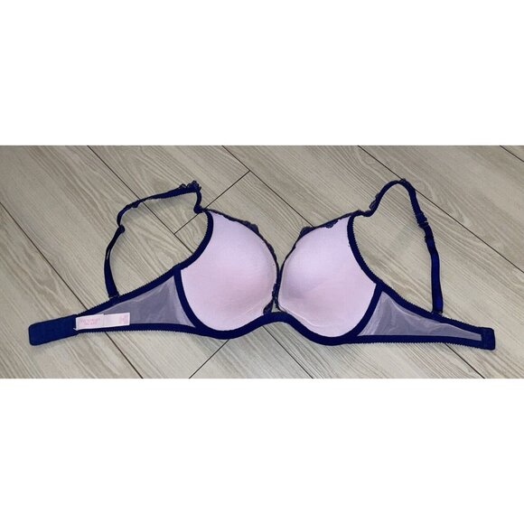 Victorias Secret Push Up Bra Lace Padded Underwire Rhinestones Womens 32D Blue - Picture 5 of 6